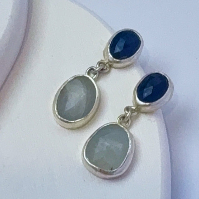 Dangle earrings with rose cut blue sapphire and frosty white sapphire in sterling silver.